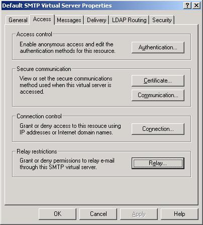Screenshot 166 - SMTP virtual server properties dialog 4. Select the Only the list below option.