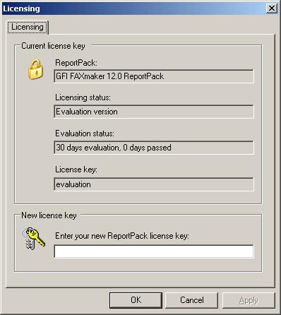 Screenshot 215 - Licensing dialog 4. Type in the GFI FAXmaker 12.0 ReportPack license key. 5. Click OK.