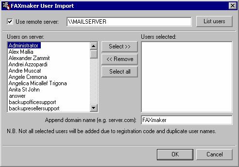 1. GFI FAXmaker will default to the domain controller machine and list all available users. You can enter a different server name and click list users if you want to import users from another machine.