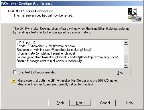 Screenshot 48 - Testing your mail server connection a successful test The wizard will now test the mail server connection.