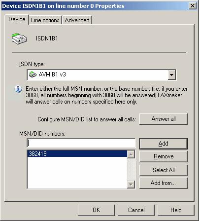 Screenshot 61 - FAXmaker Lines/Devices Configuration Adding ISDN1B1 to the configuration. 4. The device/line properties dialog appears.