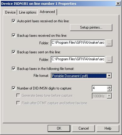 Advanced options Screenshot 69 - The advanced line/device options This tab allows you to configure auto print, backup location & format