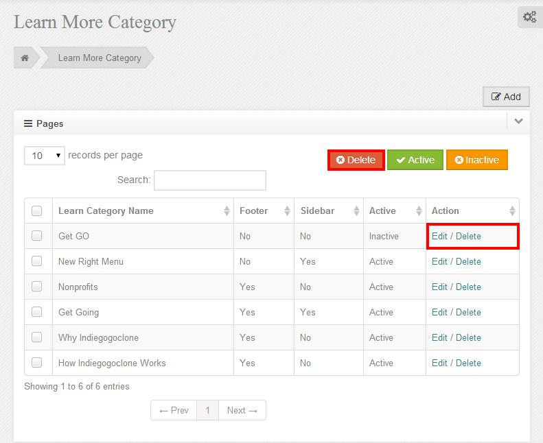 User can edit Learn More Category by clicking on edit link of respective record.