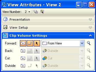 When a view contains a Clip Volume, the View Attributes dialog will display a Clip Volume collapsible section.