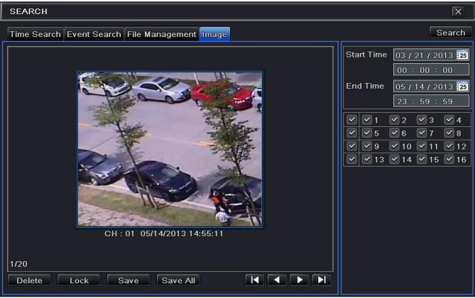 Playback 4 Click Apply to save the settings. The picture will be automatically captured once a sensor alarm happens. 7.5.2 Playback by Picture Search 1 2 3 4 Go to Main Menu Search Image tab.