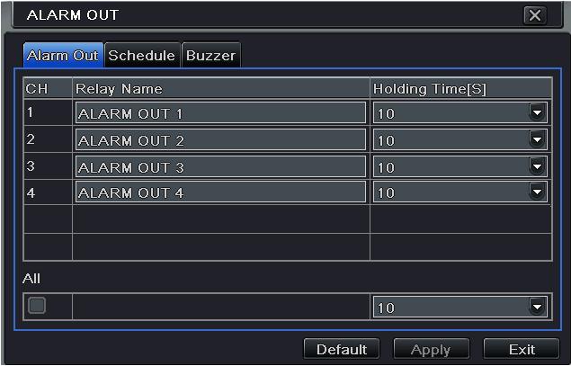 Alarm 9.5 Alarm Out To set up alarm out: 1 Go to Main Menu Setup Alarm Alarm Out. 2 3 Input relay name and select hold time. Go to Schedule tab.