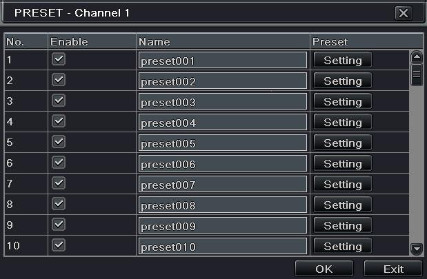 P.T.Z To set up preset: 1 In the Advanced interface, click preset Setting button to see a dialog box.
