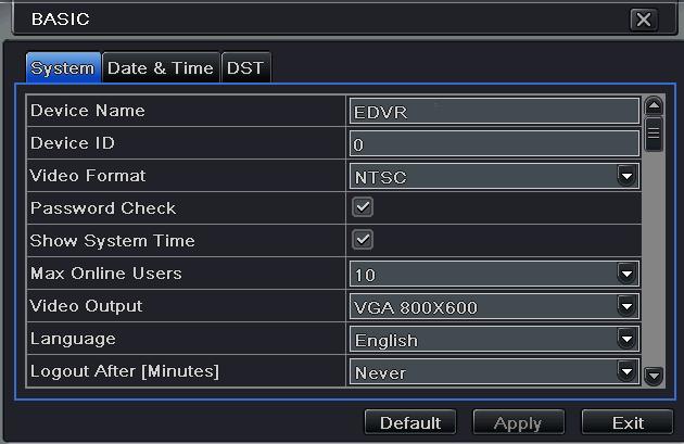 Other Settings 12.1 Basic Configuration 12 Other Settings Basic configuration includes three sub menus: system, date & time and DST. 12.1.1 System 1 Go to Main Menu Setup Basic System interface.