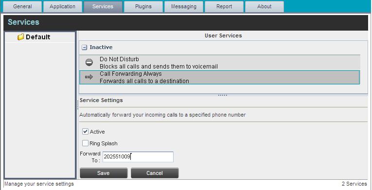 Settings - Services Settings Services You use the Services tab to configure various services assigned to you by your administrator on IP Centrex Standard Call Center, which are integrated with Call