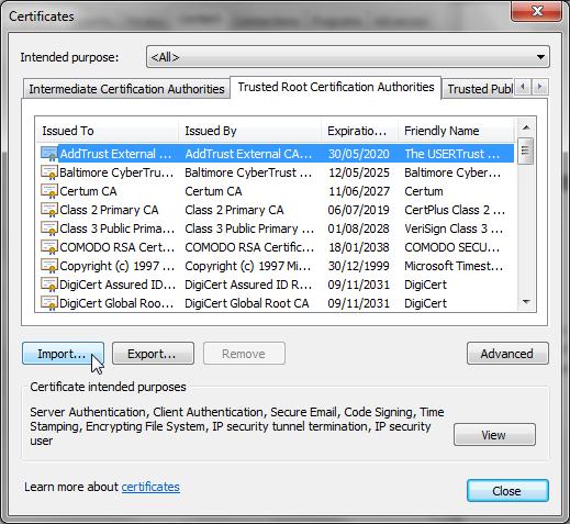 Appendix A: Steps for Using Plug-Ins Figure 13. MS Windows Certificates Click the Trusted Root Certification Authorities tab, and then click the Import button.