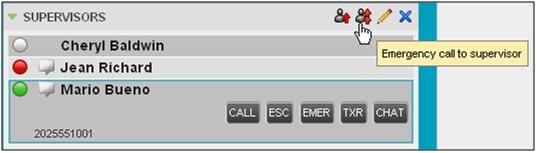 To make an emergency call to an available supervisor: Manage Calls While on the call, click the Emergency icon in the Supervisors panel. Result: This places the call to the first available supervisor.