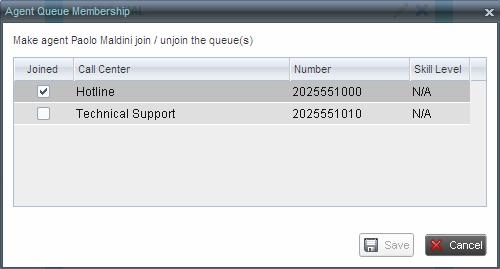 Monitor Agents (Supervisor) Figure 70. Agent Queue Membership Dialog Box To make the agent join a queue, check the Join box in the row of the queue you want the agent to join.