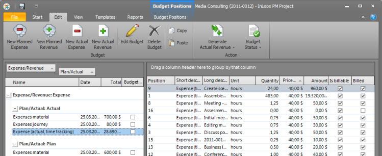 Budgets Work with the budget list In the project, in the Start tab, in the Section group, click Budgets to open the Budgets page.