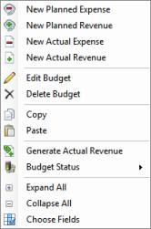 Keyboard shortcut CTRG+C Copy a budget into the clipboard. CTRG+V Paste a budget from the clipboard to the budget list. You have no read permissions, if the lock icon is displayed in the list.