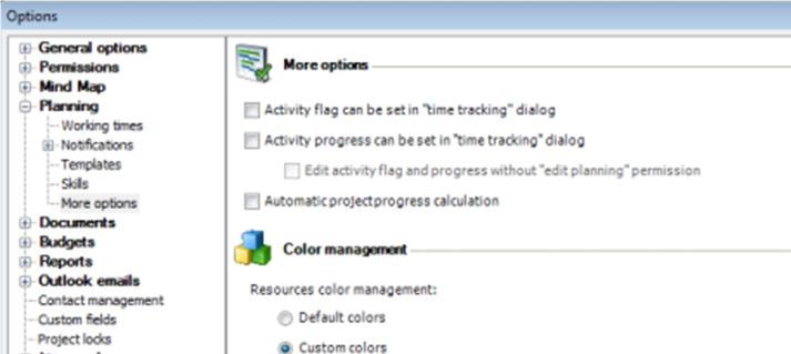 Change the colour scheme of the resources Any user can individually change the colors used in the resource overview. 1. Open the dialog box InLoox PM Options.
