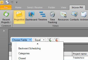 Use filters 1. Click Project list on the Outlook Ribbon to switch to the InLoox PM project list. In Outlook 2003/2007, click InLoox PM Folder in the InLoox PM Toolbar. 2. The filter row is available above the project list.