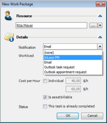 Notify a resource: 1. In the New work package dialog box сhoose the notification type from the Notification drop-down list. 2. Choose the notification type from the Notification drop-down list. 3.