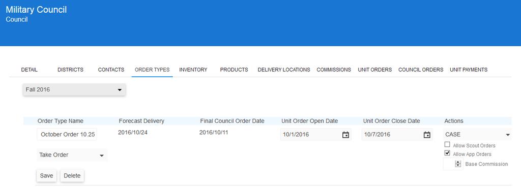 Edit Order Types (Sales Manager Only) Based upon your ordering plan, your Trail s End Sales Manager will create Forecasted Orders, which will appear on the Order Types tab of the Council homepage.