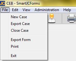 Part 2: Chapter 1 Menu Bar & Features 1.1 File Menu The File Menu consists of the following items: New Case, Export Case, Close Case, Export Form, Print, and Exit (see right). 1.1.1 New Case Selecting File > New Case allows you to create a new Case.