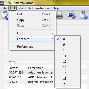 You may choose from Courier, Helvetica, or Times New Roman. 1.2.5 Font Size Selecting Edit > Font Size allows you to change the font size within a Case (see right).