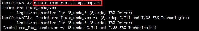 Excuting the order:module load res_fax_spandsp.so,if warnings appears as shown in the figure below, Next excuting the order:[root@localhost ~]# ln /usr/local/lib/libspandsp.so.2.0.0 /lib/libspandsp.