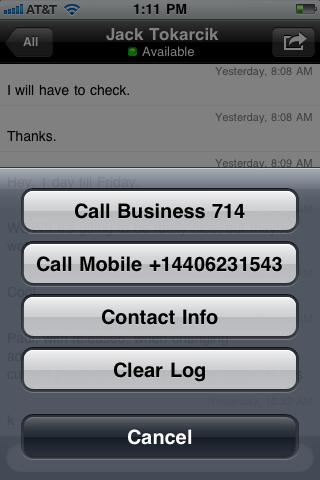 Tapping the options icon in the top right corner provides the following options: Call Business: Call the buddy s extension Call mobile (or other phone