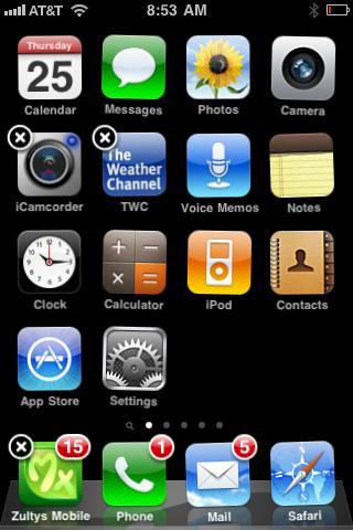 17 Removing Zultys Mobile Communicator for iphone from your device To remove Zultys Mobile from your device, tap and hold the Zultys Mobile icon, after a short time all icons will