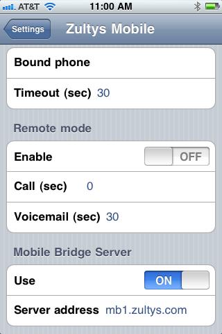 7 Settings Tapping on your iphone s Settings icon (from the iphone s home screen) and selecting Zultys Mobile, allows you to modify the following options: Bound Phone: Your cell/mobile phone number.