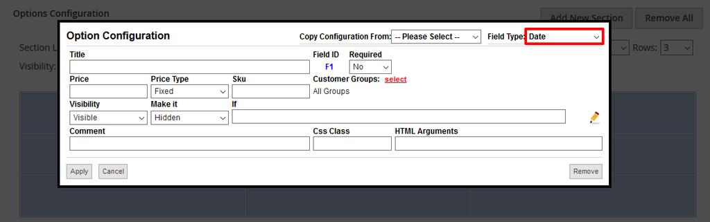 3.3.15 Properties of Date To add a date selection option choose "Date" in dropdown.