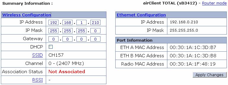 2.8.2. Wireless Configuration The wireless parameters need to be configured to allow the acnpt Router/NAT unit to associate with an airpoint or any third party access point.