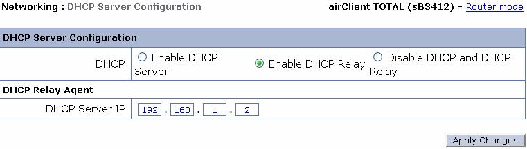 2.8.4. DHCP Relay Configurations If the user has a DHCP Server, the acnpt Router can be configured as a DHCP Relay agent of the DHCP Server for IP address assignment.