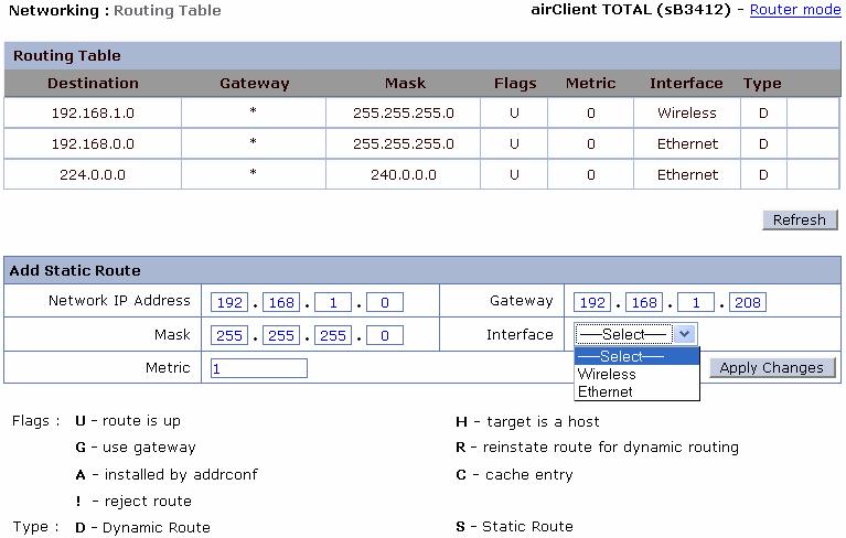 2.8.5. Routing Table The acnpt Router web-interface provides viewing of the routes and allows for adding and deleting of the static routes for the acnpt Router mode only.