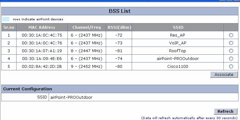 5. Site Survey Tool To access the Site Survey page, go to the Tools Site Survey drop down menu. The following figure shows the list of SSID from the site survey.