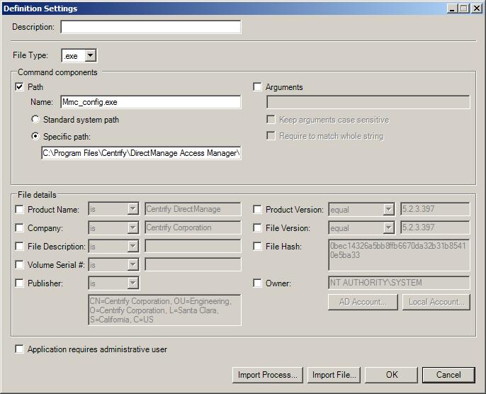 Defining application rights Fields in the Definition Settings dialog fill in with all of the information that is available for the file that you selected.