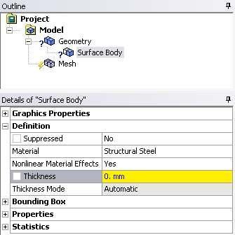 Geometry To assign material properties to a part, highlight it and select from