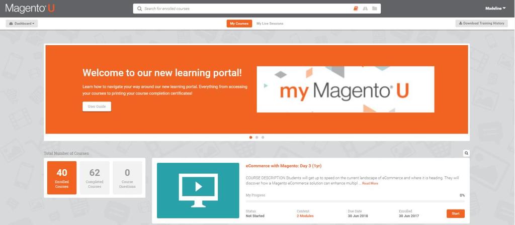 After a learner has logged into the system, it will take them to their learner dashboard. By default, the learner sees the courses they are enrolled in on their dashboard.