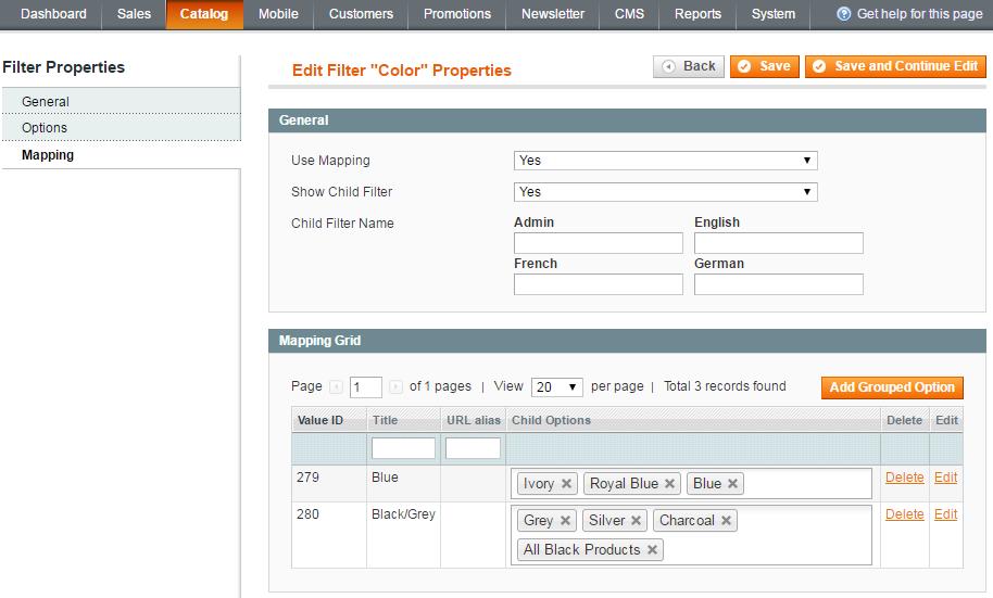 To configure mapping settings go to Catalog -> Improved Navigation -> Filters and choose the filter you need. NOTE: The option is useful for filters with a great number of values like color, size etc.