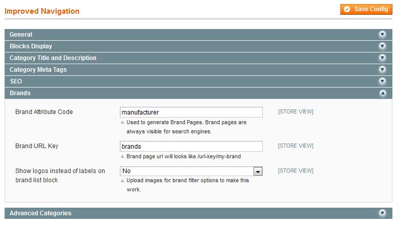 5. Setup SEO urls for Brand pages Please go to Admin Panel -> System - > Configuration - >Improved Navigation It is possible to setup nice short urls for pages of brand attribute (or any other one