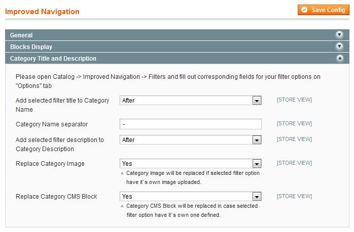 8. Apply filters to Category Name and Category Description Please open Catalog -> Improved Navigation -> Filters -> [open filter] -> Options -> [open option] in order to define Title, Description,