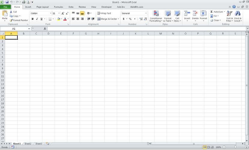 Launch Excel Click on Start Drag to Programs Choose Microsoft Office and click on Microsoft Office Excel 2010 Spreadsheet Layout Ribbon Active Cell Formula Bar Worksheets Views Excel opens with a
