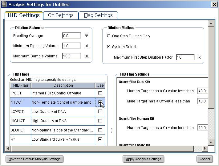 Chapter 5 Select Analysis Settings and Thresholds Enter HID settings 5 Enter HID settings 1. Select the HID Settings tab to view the Dilution Scheme, HID Flags, and HID Flag settings.