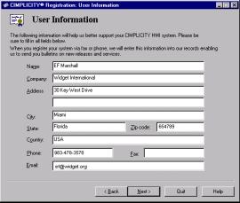 Step 3. Enter User Information 1. Enter company contact name, company name, address, telephone number, fax number and email address in the CIMPLICITY Registration: User Information dialog box.