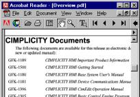 Looking Over the Book Reader When you open the CIMPLICITY Book Reader, an Overview document that lists all of the available manuals displays. Click any manual title.