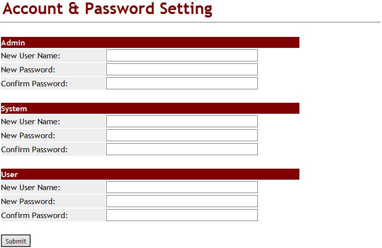 10.6 Password (Change Login Account) 10.6.1 Function Password Provides 3 Authority functions to change their User name and Password, respectively. 10.6.2 Instruction Figure 1: Admin (Figure 1) Admin