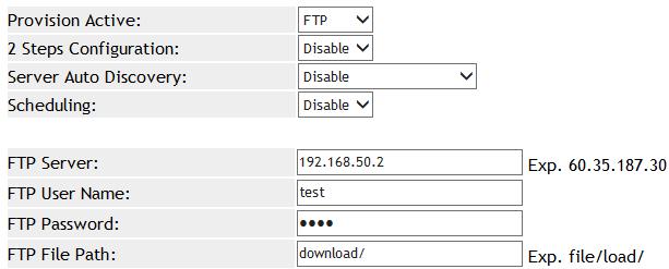 Step 2: In [Auto Provision Setting] web page, Set up [Provision Active: FTP, FTP Server: 192.168.50.2, FTP User Name: test, FTP Password: test, FTP File Path: download/] (See Figure 3).