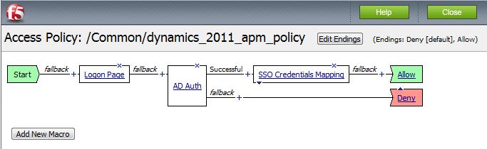 11. Click the Deny link in the box to the right of SSO Credential Mapping. 12. Click Allow and then click Save. Your Access policy should look like the example below. 13.