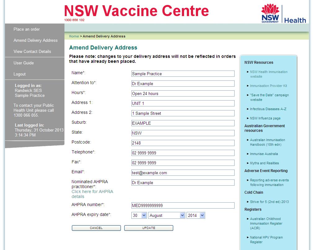To update your AHPRA details, click on Amend Delivery Address (see section 5).