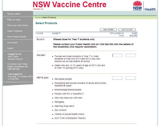 This will take you to the Select Products page, which will allow you to order the vaccines that your clinic is registered for. Against each vaccine there is information regarding patient eligibility.