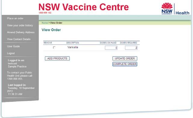 This will lead you to the View Order page which allows you to review the vaccines that will be ordered and the required doses.