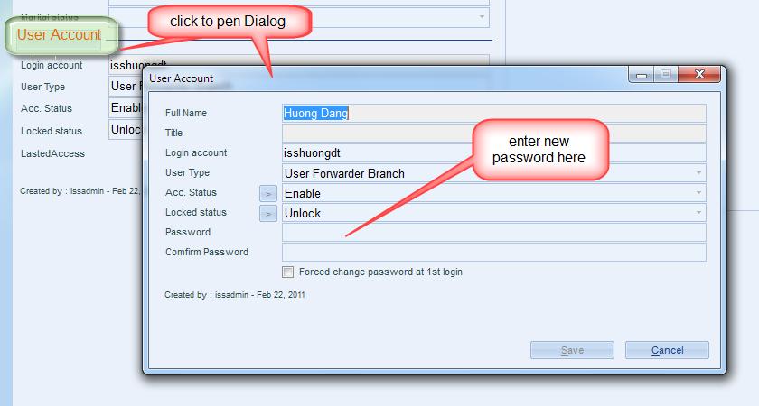 SMS Live Operation Manual - Tìm tên của người sử dụng cần thay đổi mật khẩu - Open that record, click button user account. - Mở thông tin của người dùng đó lên, chọn lệnh user account.